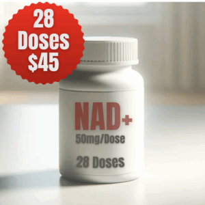 NAD+ supplement bottle with 28 doses, 50mg per dose, priced at $45, highlighting wellness benefits for energy enhancement.